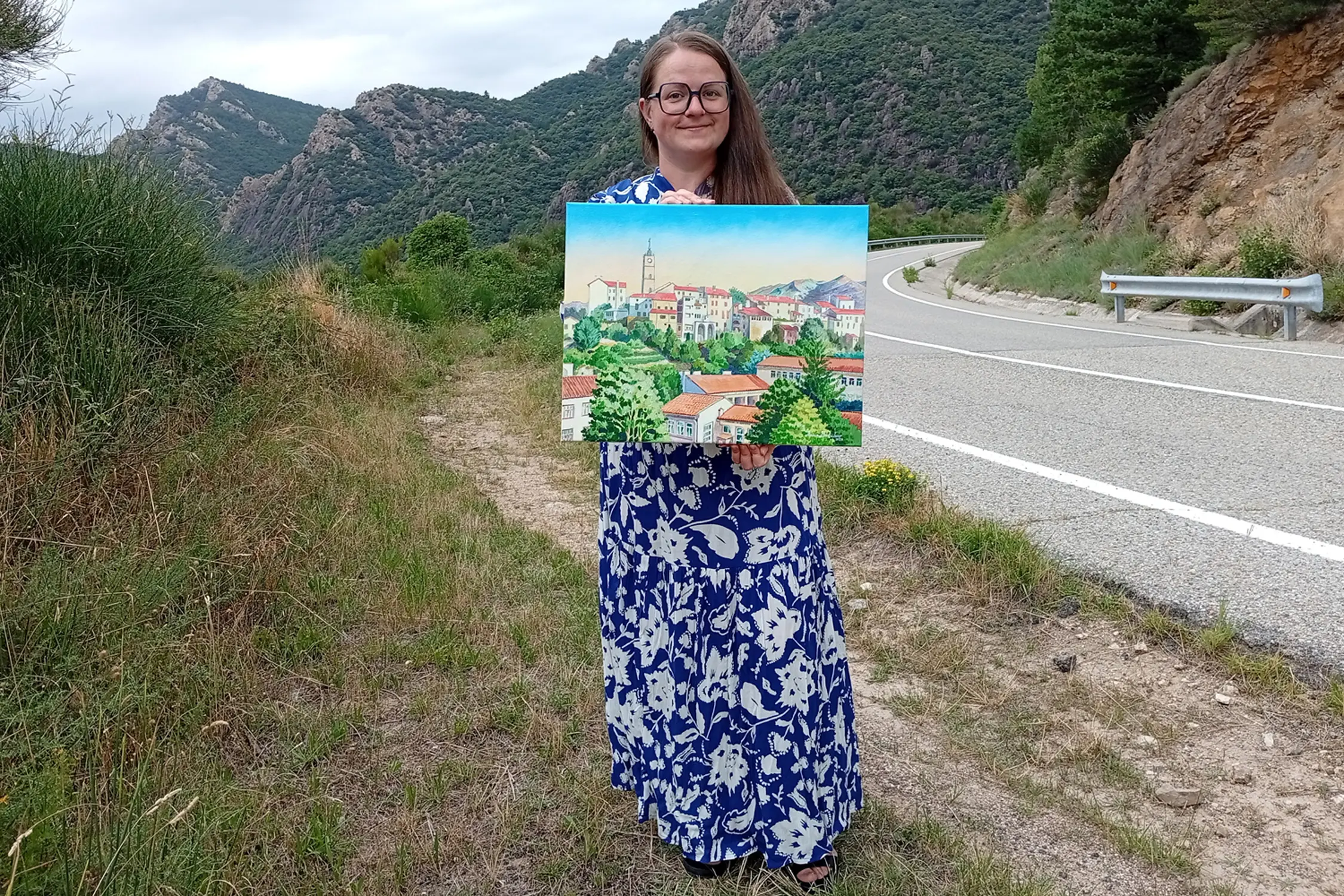 Matin à Saint-Laurent-de-Cerdans — peinture acrylique d’Anna Mamchur — tenue par l’artiste