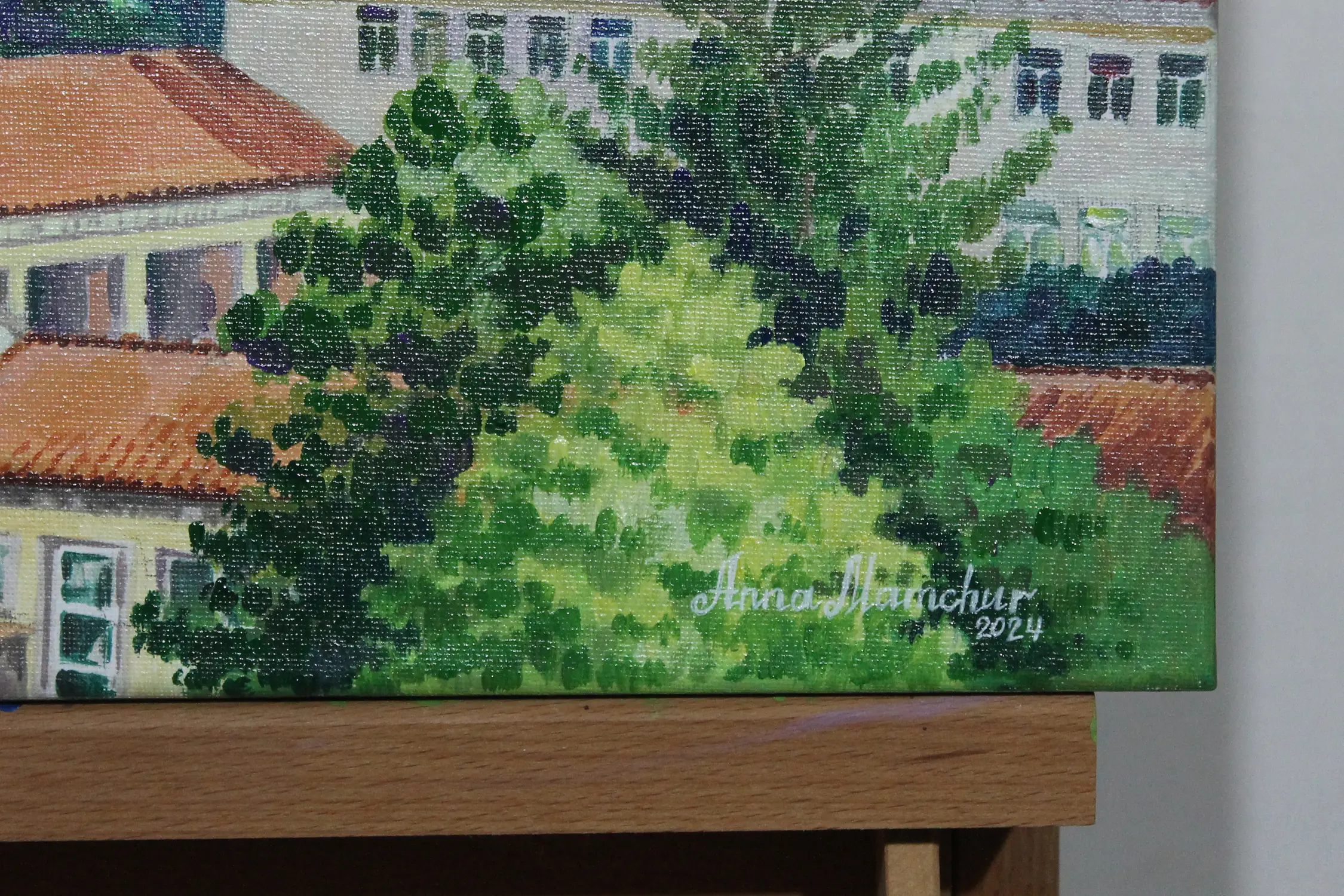 Matin à Saint-Laurent-de-Cerdans — peinture acrylique d’Anna Mamchur — signature de l’artiste au recto