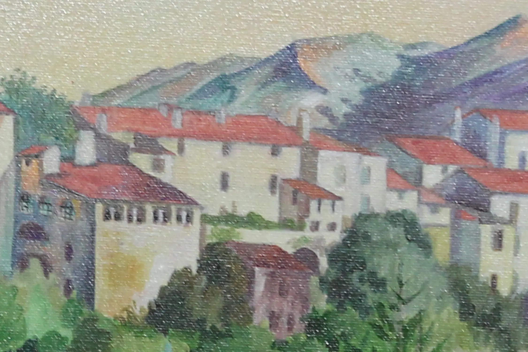 Matin à Saint-Laurent-de-Cerdans — peinture acrylique d’Anna Mamchur — détail de la peinture