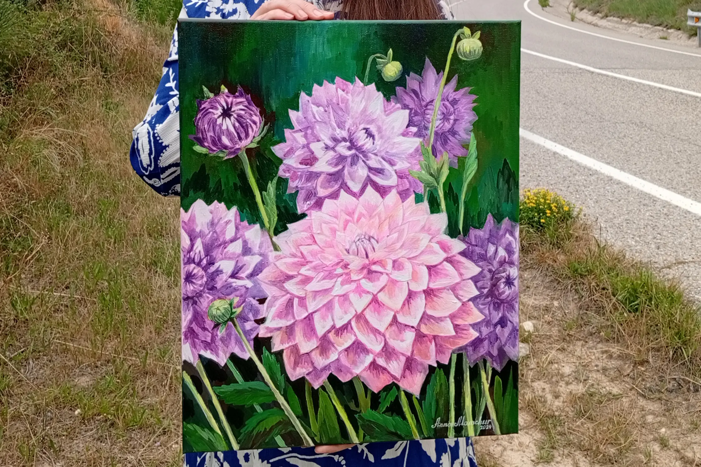 Dahlias violets — tableau acrylique d’Anna Mamchur — vue 2