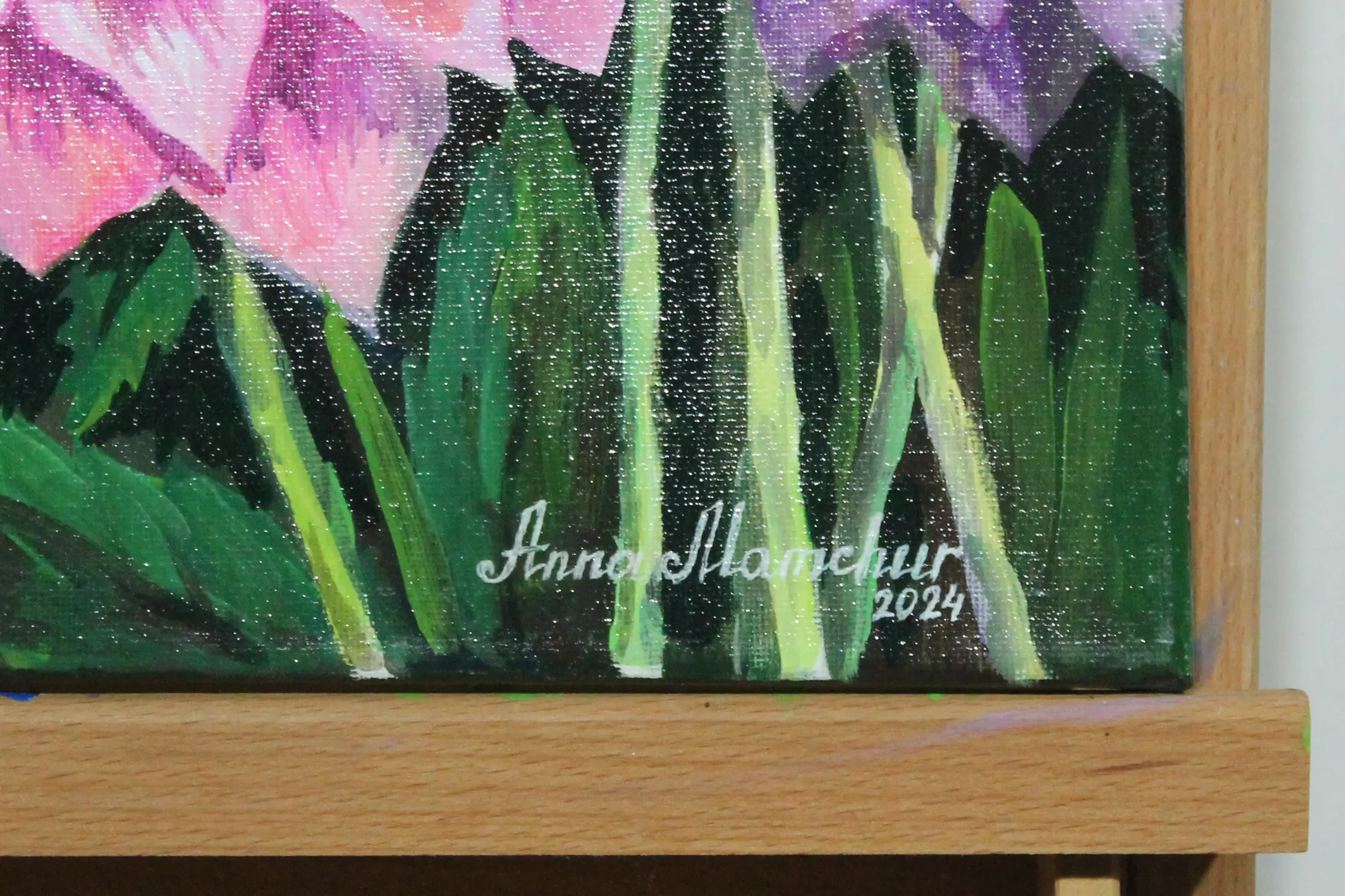 Dahlias violets — tableau acrylique d’Anna Mamchur — certificat du tableau